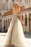 Floral Peach Beaded Tulle Sheer Bone Corset Maxi Prom Dress with Slit