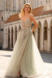 Floral Peach Beaded Tulle Sheer Bone Corset Maxi Prom Dress with Slit