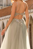 Floral Peach Beaded Tulle Sheer Bone Corset Maxi Prom Dress with Slit
