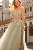 Floral Peach Beaded Tulle Sheer Bone Corset Maxi Prom Dress with Slit