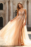 Floral Peach Beaded Tulle Sheer Bone Corset Maxi Prom Dress with Slit