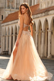 Floral Peach Beaded Tulle Sheer Bone Corset Maxi Prom Dress with Slit