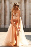 Floral Peach Beaded Tulle Sheer Bone Corset Maxi Prom Dress with Slit