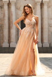 Floral Peach Beaded Tulle Sheer Bone Corset Maxi Prom Dress with Slit