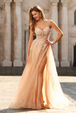 Floral Peach Beaded Tulle Sheer Bone Corset Maxi Prom Dress with Slit