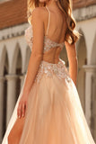 Floral Peach Beaded Tulle Sheer Bone Corset Maxi Prom Dress with Slit