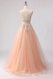 Floral Peach Tulle A Line Long Corset Prom Dress with Beading