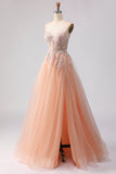 Floral Peach Tulle A Line Long Corset Prom Dress with Beading