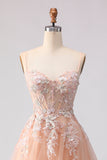 Floral Peach Tulle A Line Long Corset Prom Dress with Beading