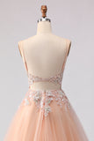Floral Peach Tulle A Line Long Corset Prom Dress with Beading