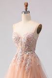 Floral Peach Tulle A Line Long Corset Prom Dress with Beading