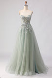 Floral Sage Green Beaded Tulle Lace Long Corset Prom Dress with Slit