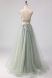 Floral Peach Tulle A Line Long Corset Prom Dress with Beading