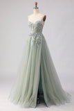 Floral Peach Tulle A Line Long Corset Prom Dress with Beading