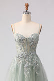 Floral Peach Tulle A Line Long Corset Prom Dress with Beading