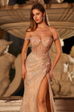 Sparkly Peach Off the Shoulder Maxi Corset Prom Dress with Slit