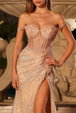 Sparkly Peach Off the Shoulder Maxi Corset Prom Dress with Slit