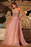 Sparkly Pink Spaghetti Straps Maxi Corset Prom Dress with Beading