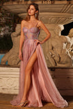 Sparkly Pink Spaghetti Straps Maxi Corset Prom Dress with Beading