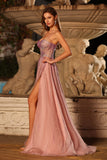 Sparkly Pink Spaghetti Straps Maxi Corset Prom Dress with Beading