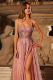 Sparkly Pink Spaghetti Straps Maxi Corset Prom Dress with Beading