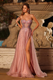 Sparkly Pink Spaghetti Straps Maxi Corset Prom Dress with Beading