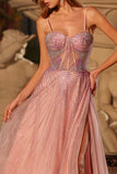 Sparkly Pink Spaghetti Straps Maxi Corset Prom Dress with Beading