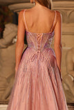 Sparkly Pink Spaghetti Straps Maxi Corset Prom Dress with Beading