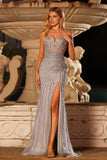 Sparkly Silver Sweetheart Mermaid Maxi Corset Prom Dress with Beading