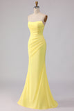 Yellow Mermaid Chiffon Ruched Strapless Long Bridesmaid Dress