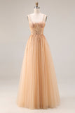 Peach Spaghetti Straps Tulle A Line Long Prom Dress with Beading