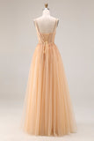 Peach Spaghetti Straps Tulle A Line Long Prom Dress with Beading