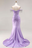 Sparkly Light Purple Mermaid Off the Shoulder Prom Long Dress with Fringes