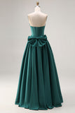 Sparkly Dark Green A Line Sweetheart Long Prom Corset Dress with Bow