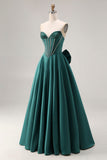 Sparkly Dark Green A Line Sweetheart Long Prom Corset Dress with Bow