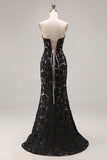 Black Mermaid Lace Strapless Long Prom Dress with Slit