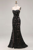 Black Mermaid Lace Strapless Long Prom Dress with Slit