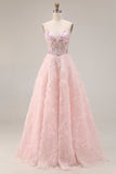 Floral Pink Tulle Sparkly A Line Long Corset Prom Dress with Beading