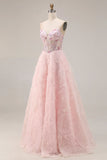 Floral Pink Tulle Sparkly A Line Long Corset Prom Dress with Beading