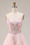 Floral Pink Tulle Sparkly A Line Long Corset Prom Dress with Beading
