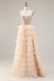 Sparkly Beaded Apricot Ruffled Tiered Long Corset Prom Dress with Slit