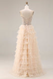 Sparkly Beaded Apricot Ruffled Tiered Long Corset Prom Dress with Slit