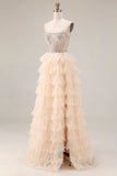 Sparkly Beaded Apricot Ruffled Tiered Long Corset Prom Dress with Slit