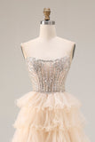 Sparkly Beaded Apricot Ruffled Tiered Long Corset Prom Dress with Slit
