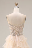 Sparkly Beaded Apricot Ruffled Tiered Long Corset Prom Dress with Slit