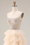 Sparkly Beaded Apricot Ruffled Tiered Long Corset Prom Dress with Slit