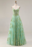 Floral Green A Line Sparkly Spaghetti Straps Long Corset Prom Dress