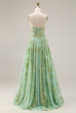 Floral Green A Line Sparkly Spaghetti Straps Long Corset Prom Dress