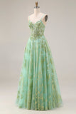 Floral Green A Line Sparkly Spaghetti Straps Long Corset Prom Dress