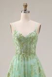 Floral Green A Line Sparkly Spaghetti Straps Long Corset Prom Dress